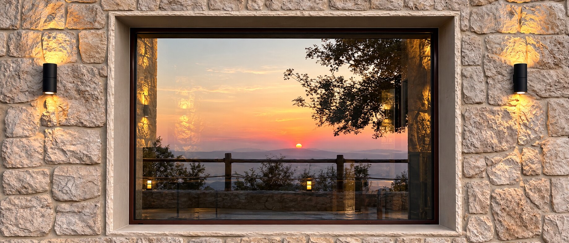 La Grande's picture window at dusk, stone facade either side and the valley ridge catching the last light through the glass.