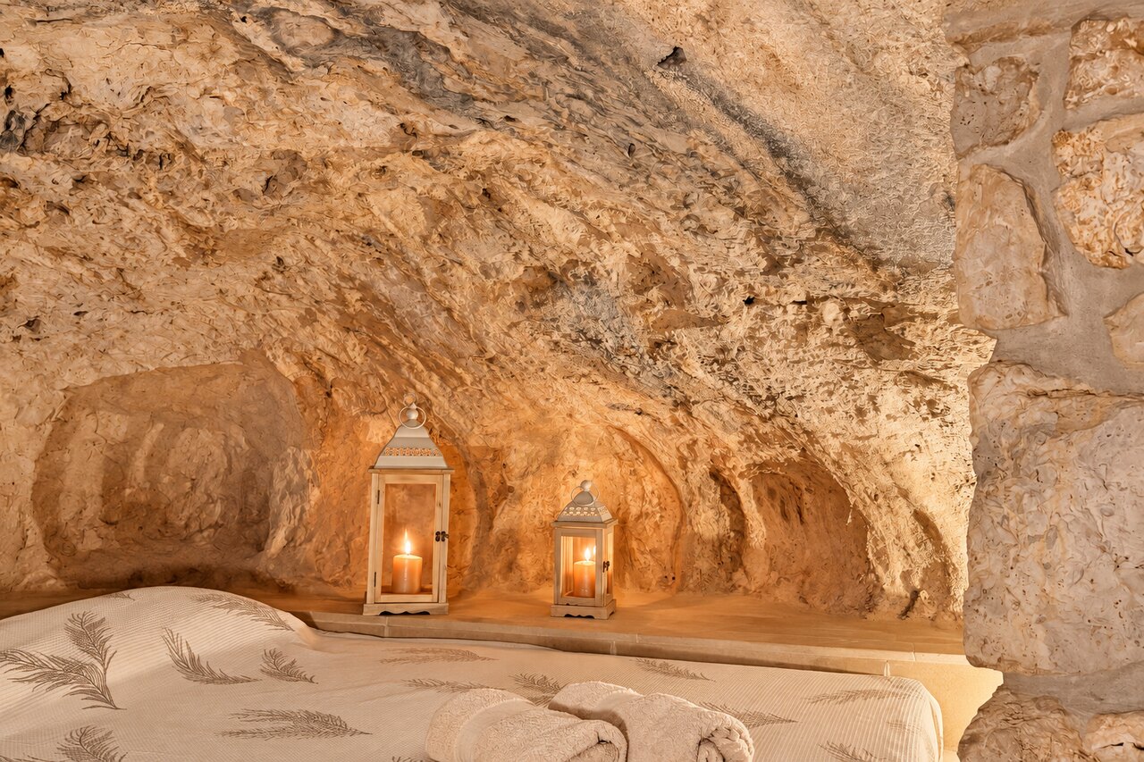 La Grotta: a bed set into the raw rock niche, two lit lanterns on the ledge behind it and folded towels at the foot.