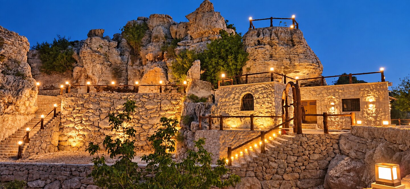 Cap de Douma at blue hour seen from below the ridge: the stone terraces, stairs and arched doorway lit warm, with the limestone outcrops dark above them.