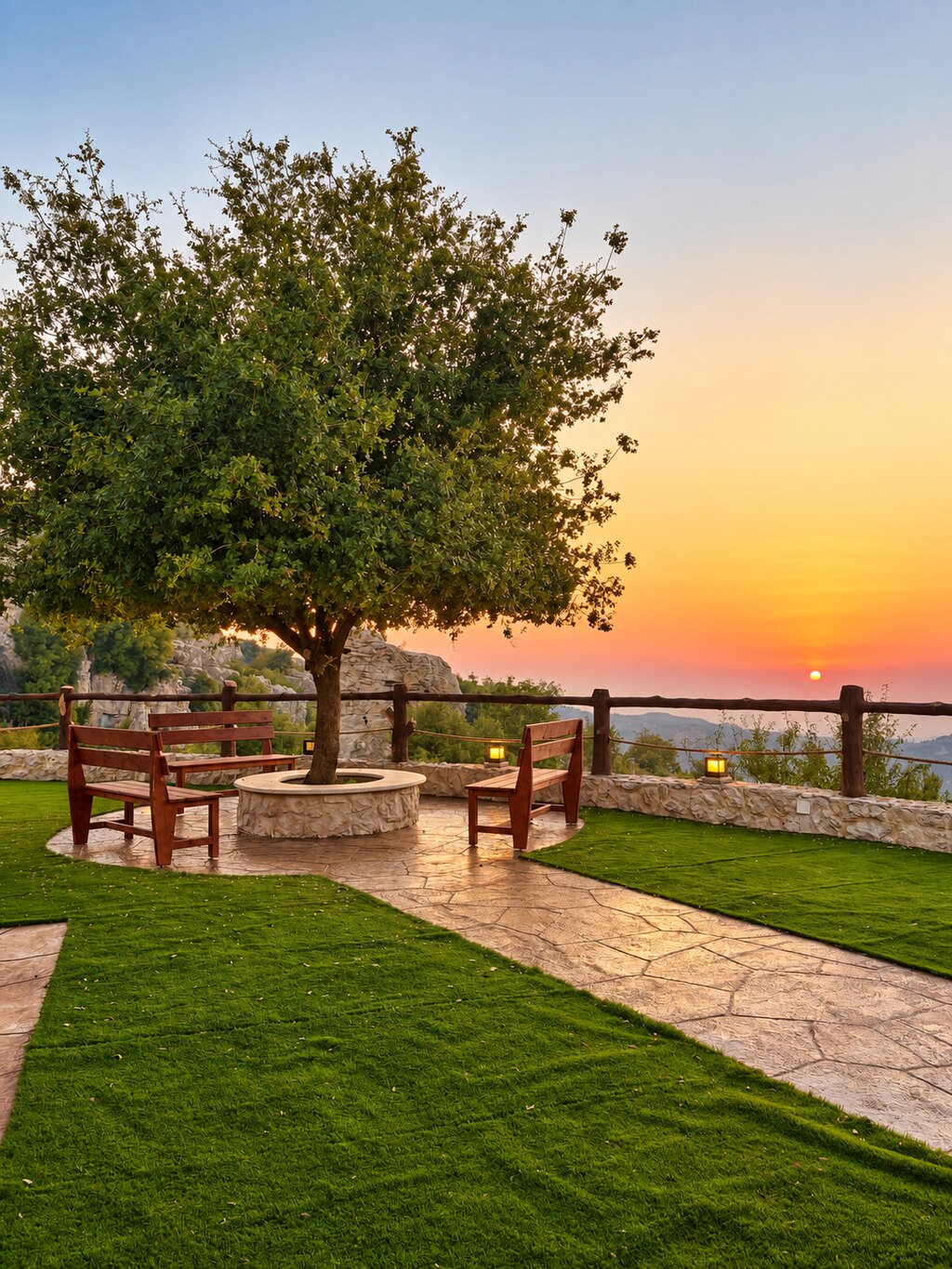 Wooden benches around an oak tree growing from a stone ring on the lawn at Cap de Douma, with a timber fence and the valley beyond at sunset.