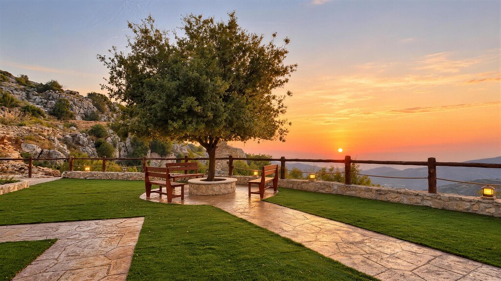 An old oak on a stone ring with wooden benches on the lawn at Cap de Douma, the sun setting over the valley behind the log fence.