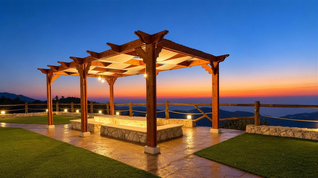 The timber pergola and stone benches at Cap de Douma at dusk, warm lights under the canopy and an orange horizon over the dark valley.