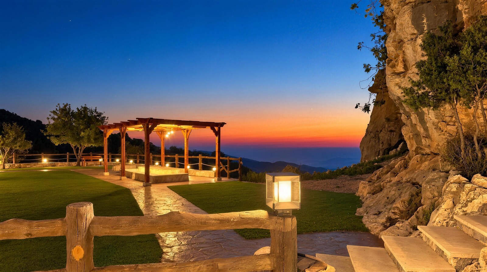 The timber pergola at Cap de Douma after sunset, string lights glowing under the canopy, a lantern post in the foreground and a limestone cliff on the right against the last orange light.