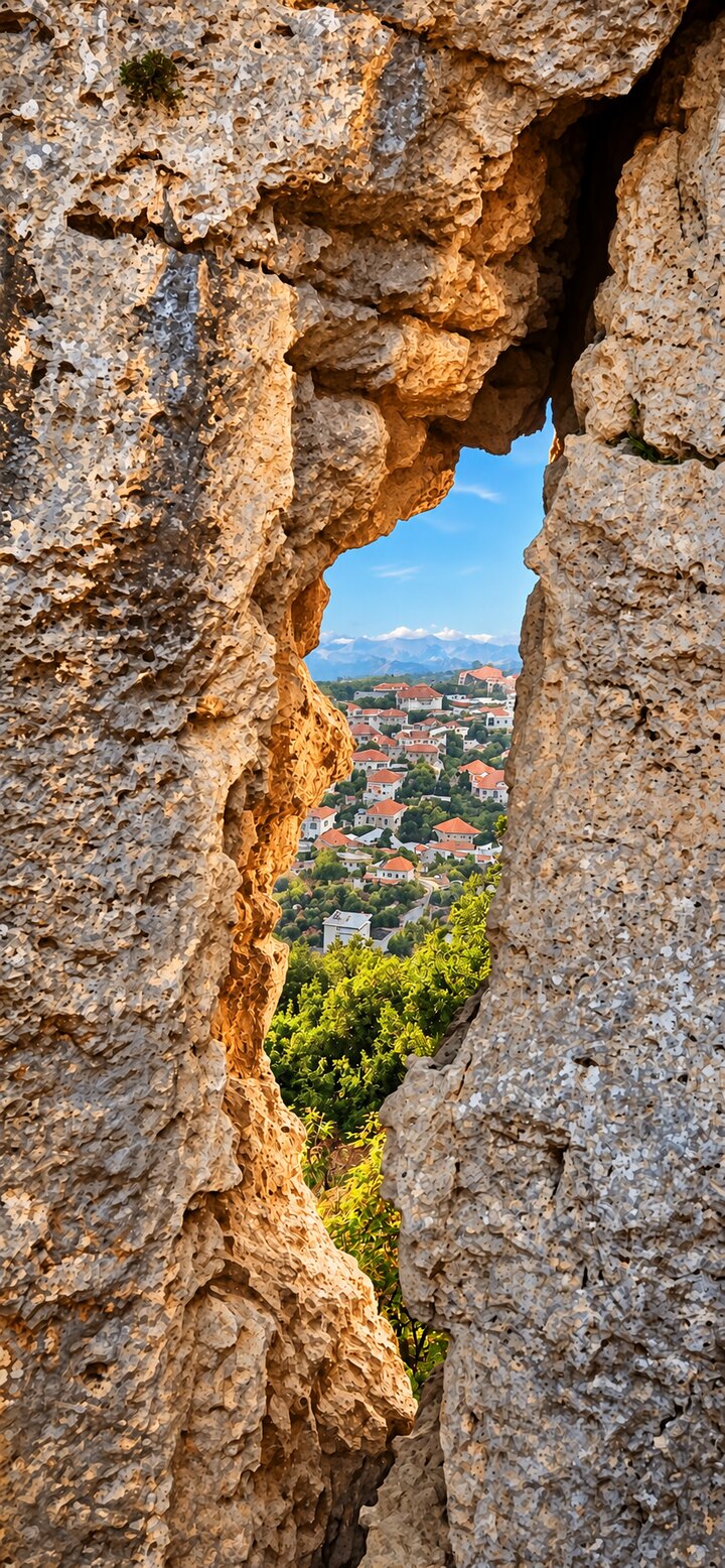 The red-tiled roofs of Douma and the mountains behind them, seen through a tall cleft in the limestone at Cap de Douma.
