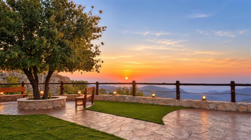 The terrace at Cap de Douma at sunset, a bench and lantern posts along the log fence and the sun low over layered mountains.