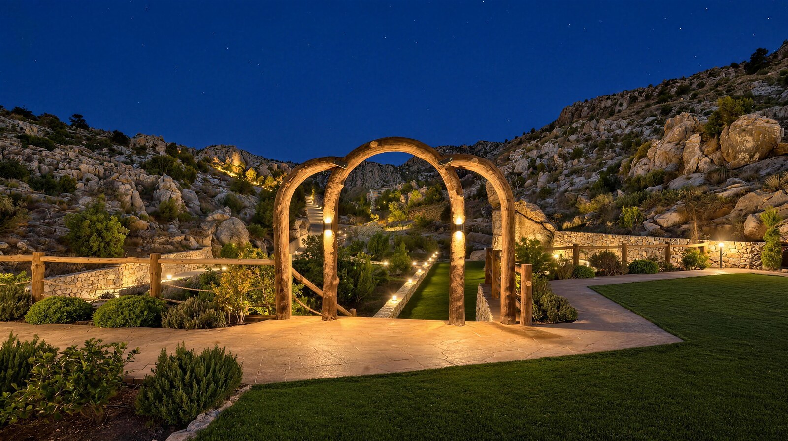 The timber arches at Cap de Douma after dark, lit by wall lights, with the lit path and lawn running down through the rocky valley under a starry sky.
