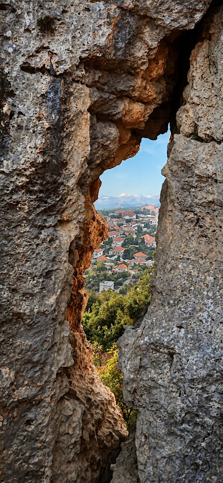 The red-tiled roofs of Douma and the mountains behind them, seen through a tall cleft in the limestone at Cap de Douma.